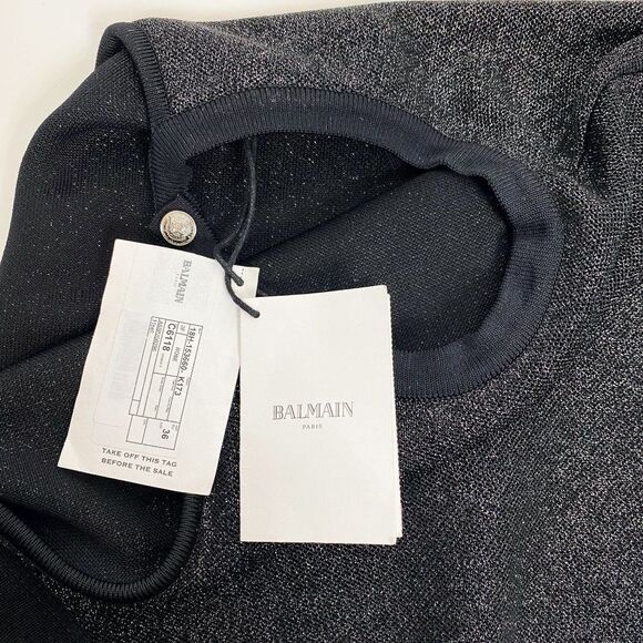 NWT $2750 Balmain Asymmetric One Shoulder Metallic-Knit Argent Noir Dress Sz 36 - Picture 9 of 15